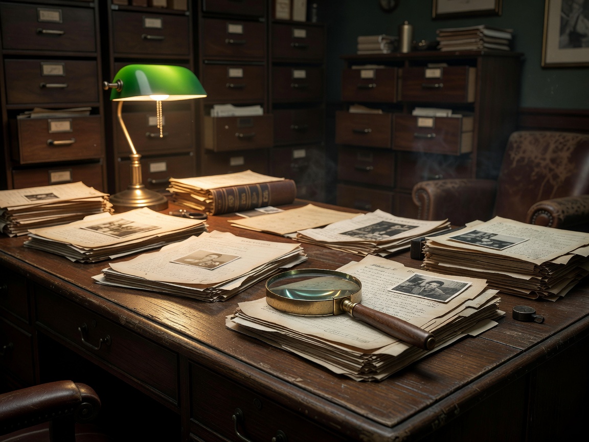 Dark private detective archive room with filing cabinets and desk lamp